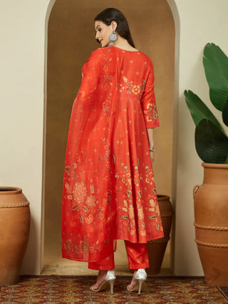 Orange Cotton Blend Floral Print Anarkali Shape Suit Set with Chanderi Blend Dupatta