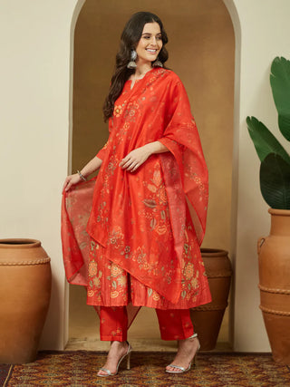 Orange Cotton Blend Floral Print Anarkali Shape Suit Set with Chanderi Blend Dupatta