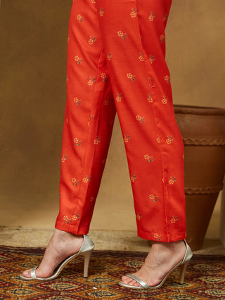 Orange Cotton Blend Floral Print Anarkali Shape Suit Set with Chanderi Blend Dupatta