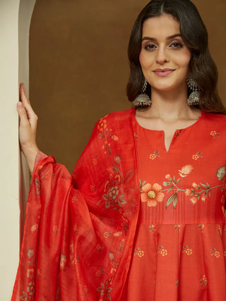 Orange Cotton Blend Floral Print Anarkali Shape Suit Set with Chanderi Blend Dupatta