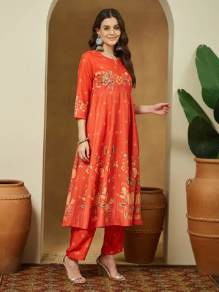 Orange Cotton Blend Floral Print Anarkali Shape Suit Set with Chanderi Blend Dupatta