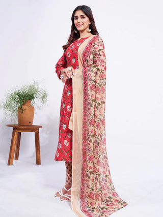 Red Cotton Blend Floral Print Suit Set with Dupatta