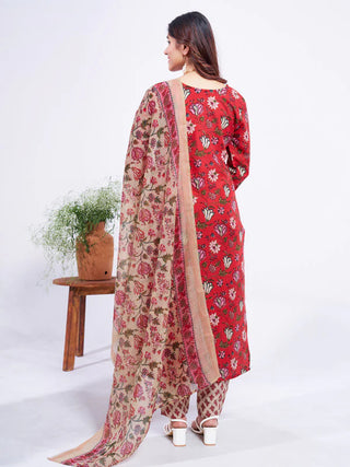 Red Cotton Blend Floral Print Suit Set with Dupatta