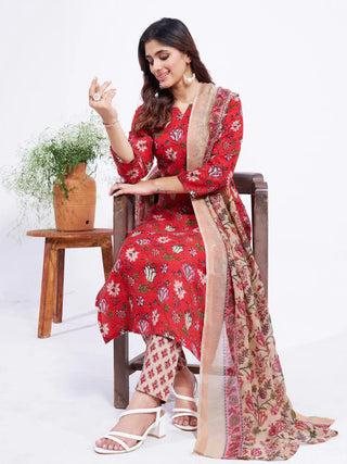 Red Cotton Blend Floral Print Suit Set with Dupatta