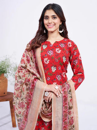 Red Cotton Blend Floral Print Suit Set with Dupatta