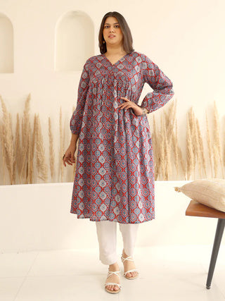 Red Cotton Ethnic Motif Print A Line Kurta