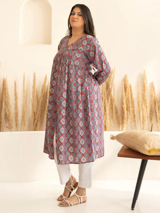 Red Cotton Ethnic Motif Print A Line Kurta