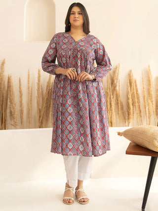 Red Cotton Ethnic Motif Print A Line Kurta