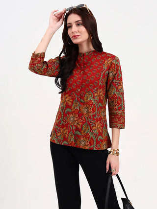 Brown Cotton Printed Shirt Style Top