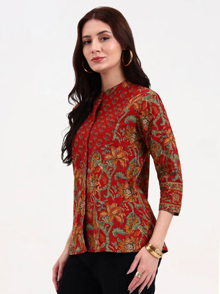 Brown Cotton Printed Shirt Style Top