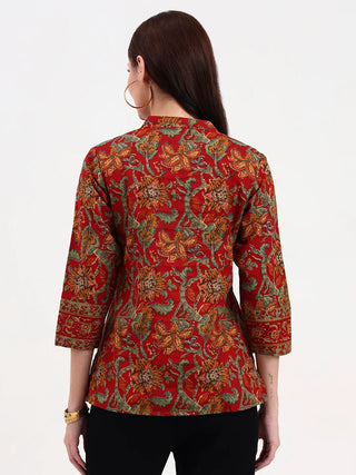 Brown Cotton Printed Shirt Style Top