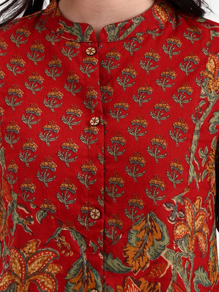 Brown Cotton Printed Shirt Style Top