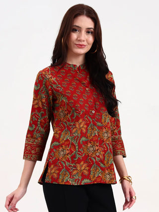 Brown Cotton Printed Shirt Style Top