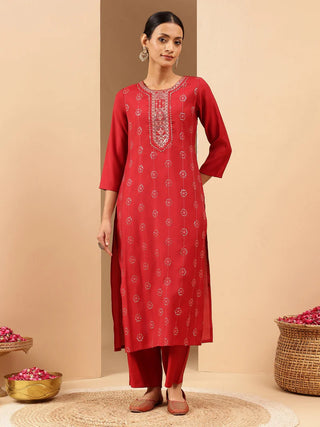 Red Chanderi Embellished Kurta Bottom Set