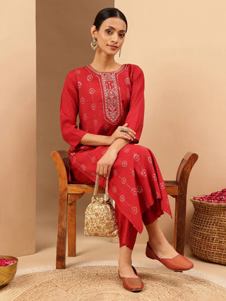Red Chanderi Embellished Kurta Bottom Set