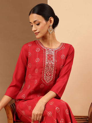 Red Chanderi Embellished Kurta Bottom Set