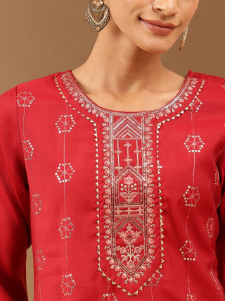 Red Chanderi Embellished Kurta Bottom Set