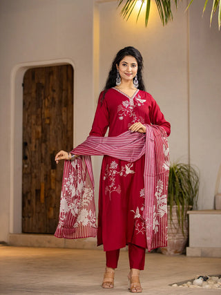 Red Silk Blend Embroidered & Printed Suit Set with Dupatta