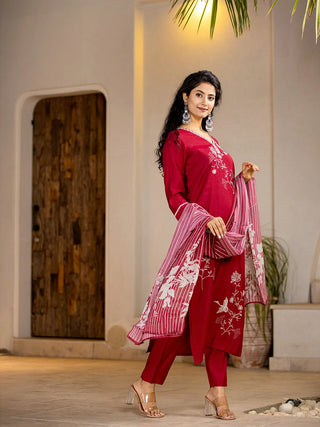 Red Silk Blend Embroidered & Printed Suit Set with Dupatta