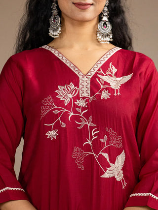 Red Silk Blend Embroidered & Printed Suit Set with Dupatta