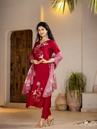 Red Silk Blend Embroidered & Printed Suit Set with Dupatta