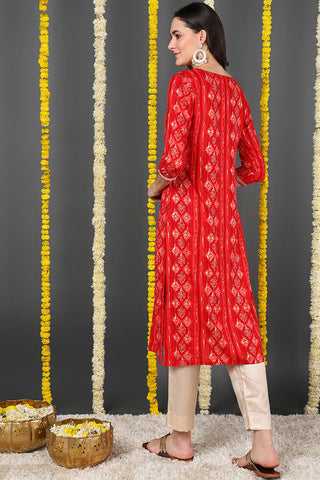 Red Viscose Rayon Ethnic Motif Printed Straight Shape Kurta