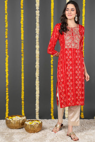 Red Viscose Rayon Ethnic Motif Printed Straight Shape Kurta