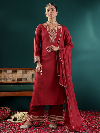 Maroon Silk Blend Gota Embellished Suit Set with Silk Chiffon Dupatta