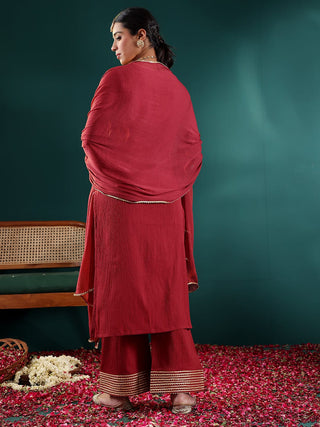 Maroon Silk Blend Gota Embellished Suit Set with Silk Chiffon Dupatta