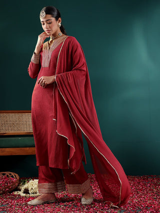 Maroon Silk Blend Gota Embellished Suit Set with Silk Chiffon Dupatta