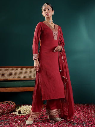 Maroon Silk Blend Gota Embellished Suit Set with Silk Chiffon Dupatta