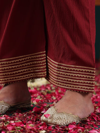 Maroon Silk Blend Gota Embellished Suit Set with Silk Chiffon Dupatta