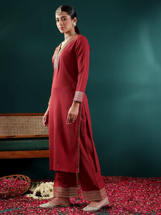 Maroon Silk Blend Gota Embellished Suit Set with Silk Chiffon Dupatta