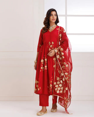 Red Organza Hand Painted Suit Set with Dupatta