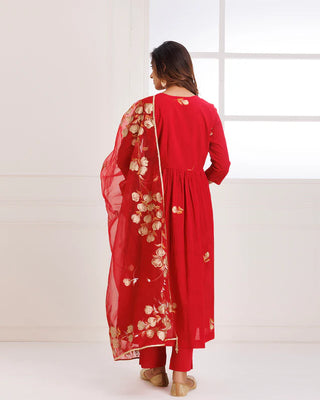 Red Organza Hand Painted Suit Set with Dupatta