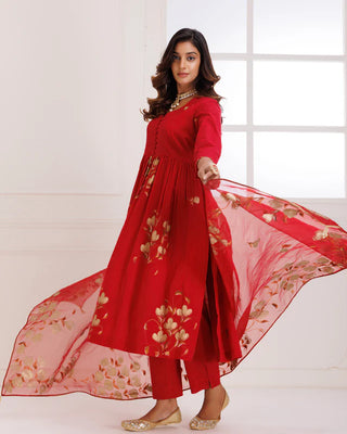 Red Organza Hand Painted Suit Set with Dupatta