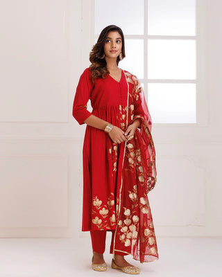 Red Organza Hand Painted Suit Set with Dupatta