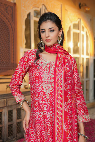 Red Silk Blend Ikat Print Straight Shape Suit Set with Dupatta