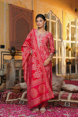 Red Silk Blend Ikat Print Straight Shape Suit Set with Dupatta