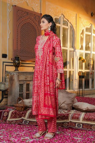 Red Silk Blend Ikat Print Straight Shape Suit Set with Dupatta