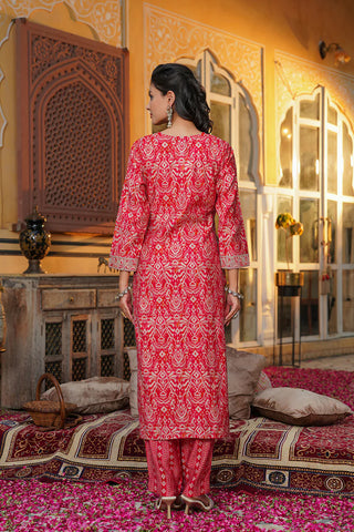 Red Silk Blend Ikat Print Straight Shape Suit Set with Dupatta