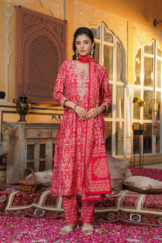 Red Silk Blend Ikat Print Straight Shape Suit Set with Dupatta