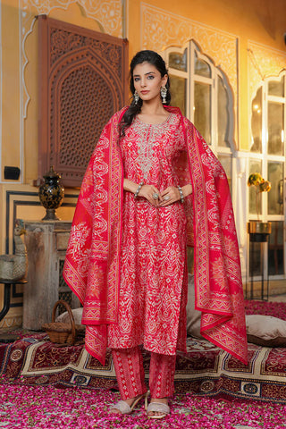 Red Silk Blend Ikat Print Straight Shape Suit Set with Dupatta