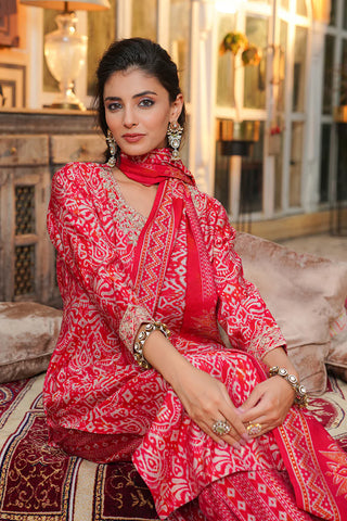 Red Silk Blend Ikat Print Straight Shape Suit Set with Dupatta