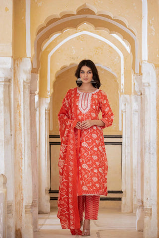 Red Cotton Blend Printed & Embroidered Suit Set with Dupatta