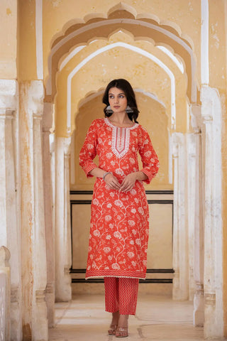 Red Cotton Blend Printed & Embroidered Suit Set with Dupatta