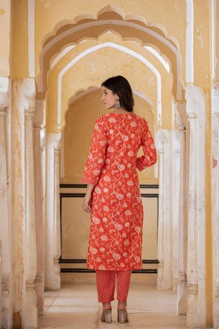 Red Cotton Blend Printed & Embroidered Suit Set with Dupatta