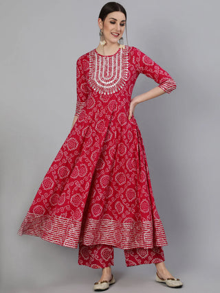 Red Cotton Anarkali Style Printed & Mirror Embroidered Suit Set with Dupatta