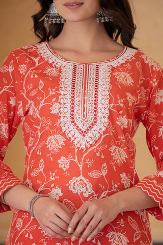 Red Cotton Blend Printed & Embroidered Suit Set with Dupatta