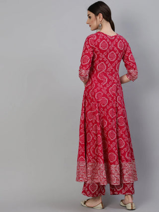 Red Cotton Anarkali Style Printed & Mirror Embroidered Suit Set with Dupatta